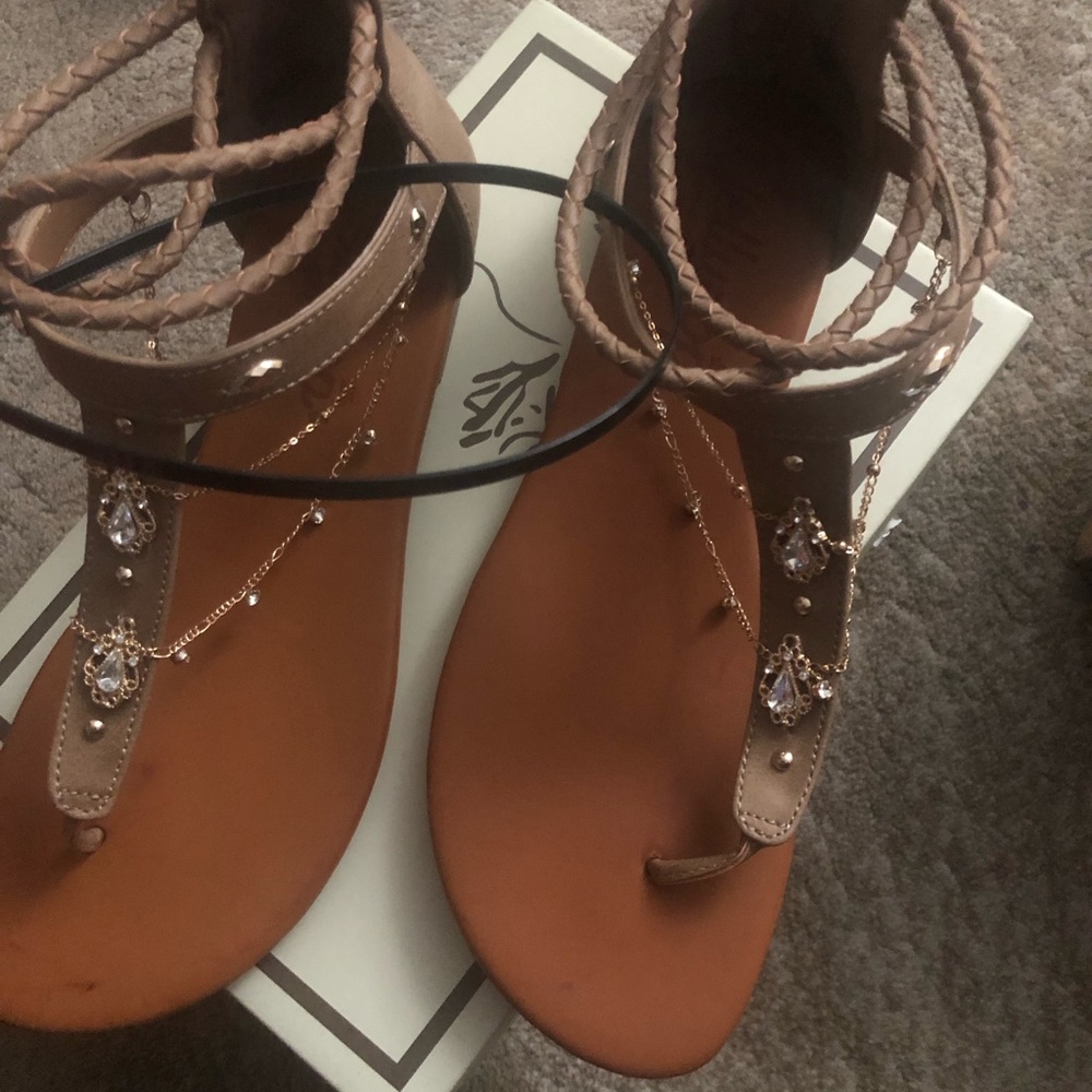 Women’s Beige Jeweled T-Strap Sandals